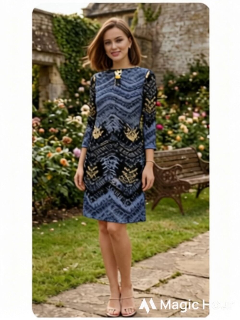 Emma & Michele Knee Length 3/4 Sleeve Grey Patterned Dress